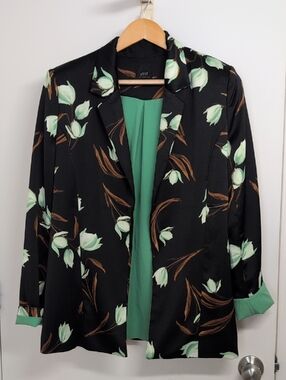YEST THE NETHERLANDS FLORAL OPEN FRONT BLAZER SIZE 6 BLACK GREEN JACKET